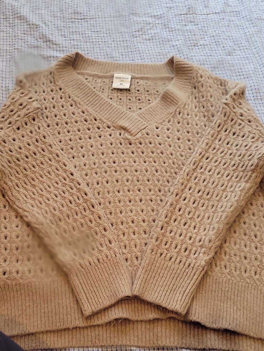 Women's Tan Off-the-Shoulder Knit Sweater